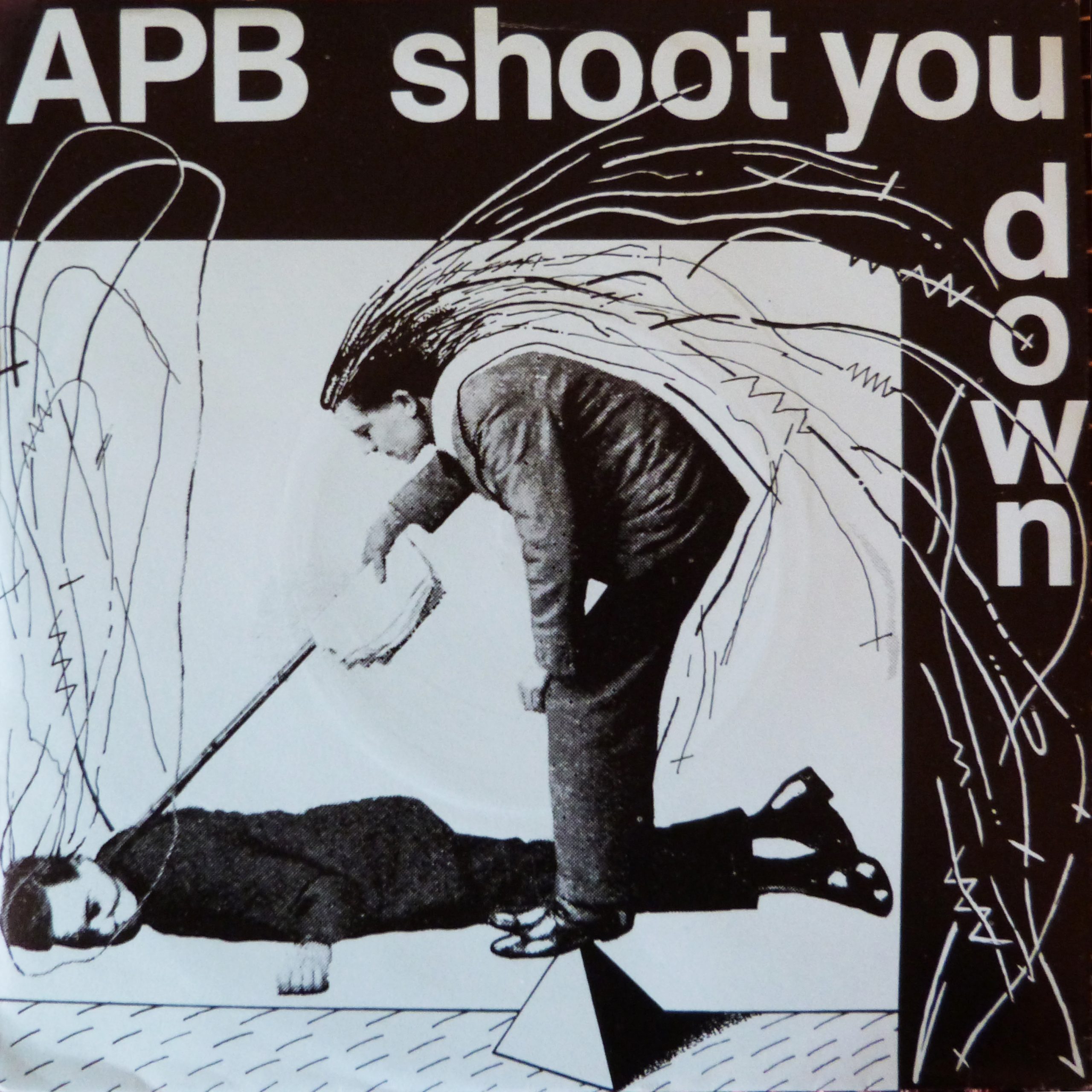 B/w cover of early 80s single by Aberdeen band APB. The pencil drawing depicts a man bending over to poke a second man, who is lying on the ground, with a stick, perhaps from a broom.  