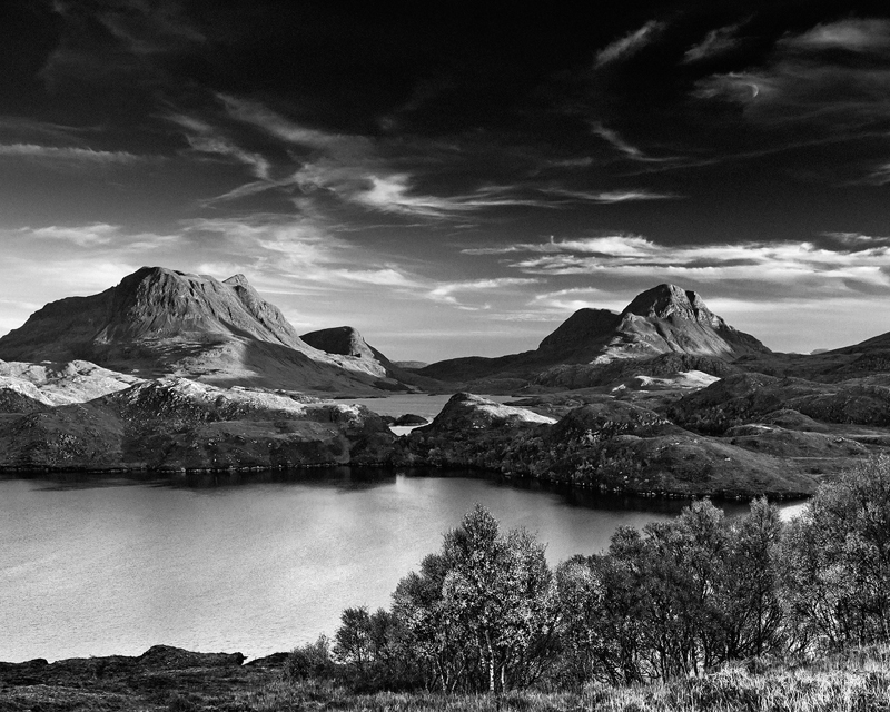 Moonrise over Cul Beag and Cul Mor, Assynt. Loch Buine mor and Boat Bay, Sutherland, Scottish highlands